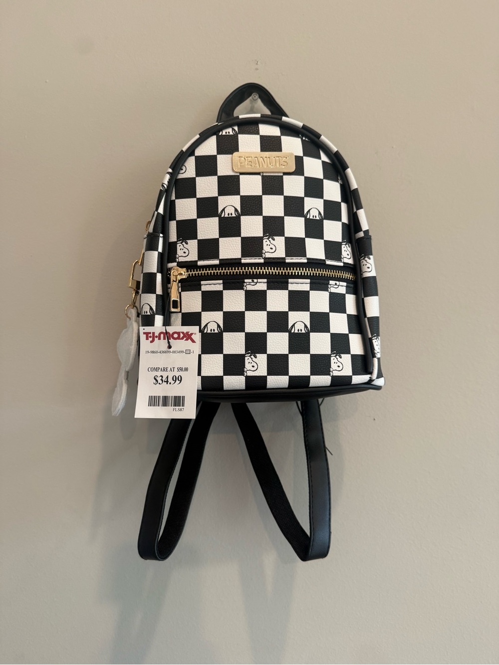 Peanuts Black & White Checker Mini Backpack with Gold Hardware